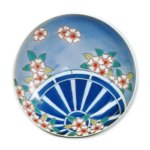 Dish with cherry and wheel design, underglaze blue, overglaze enamels