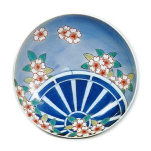 Dish with cherry and wheel design, underglaze blue, overglaze enamels