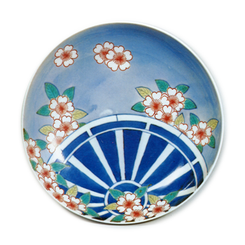 Dish with cherry and wheel design, underglaze blue, overglaze enamels