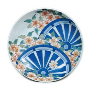 Dish with cherry and wheel design, underglaze blue, overglaze enamels