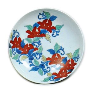 Dish with peony design, underglaze blue, overglaze enamels