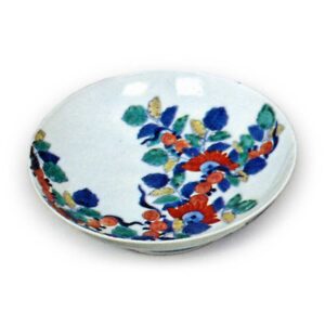 Five dishes with rose design, underglaze blue. overglaze enamels