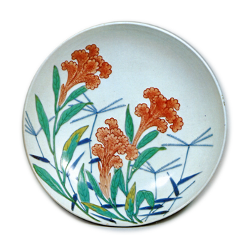 Dish with cockscomb flower design, underglaze blue,overgiaze enamels