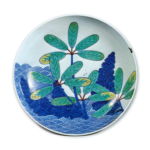 Dish with yuzuriha plant and fern design, underglaze blue,overglaze enamels