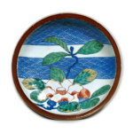 Dish with camellia blossom design, underglaze blue, overglaze enamels