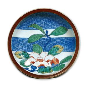 Dish with camellia blossom design, underglaze blue, overglaze enamels