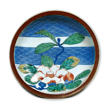 Dish with camellia blossom design, underglaze blue, overglaze enamels