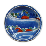 Dish with chrysanthemum and water stream design,underglaze blue, overglaze enamels