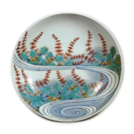 Dish with aquatic plant and water stream design,underglaze blue, overglaze enamels