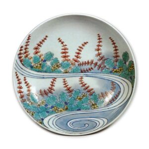 Dish with aquatic plant and water stream design,underglaze blue, overglaze enamels