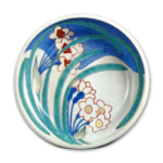 Dish with design of daffodils and seigaiha (conventionalized overlapping waves),underglaze blue, overglaze enamels