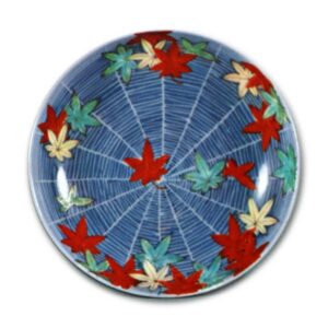 Dish with design of maple leaves on cobwel, underglaze blue, overglaze enamels