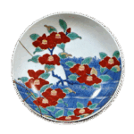 Dish with design of camellias along brushwood fences, underglaze blue overglaze enamels