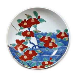 Dish with design of camellias along brushwood fences, underglaze blue overglaze enamels