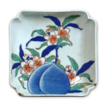 Square dish with peach blossom and fruit design, underglaze blue. overglaze enamels