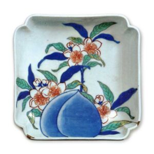 Square dish with peach blossom and fruit design,  underglaze blue. overglaze enamels