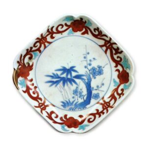 Square dish with plum and bamboo design, underglaze blue, overgiaze enamels