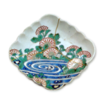 Lozenge-shaped dish with design of chrysanthemums and water streams, underglaze blue. overglaze enamels