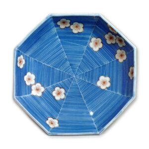 Octagonal dish with design of plum blossoms on cobwet,underglaze blue, overglaze enamels