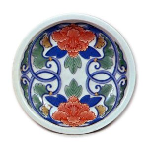 Dish with floral scroll design, underglaze blue. overglaze enamels