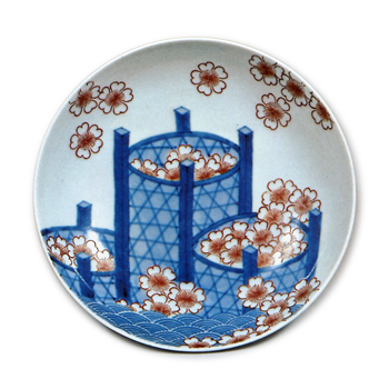 Dish with design of bamboo baskets full of cherry blossoms. underglaze blue, overgiaze enamels