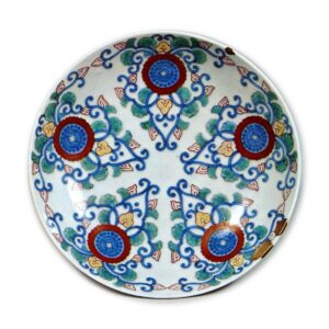 Dish with karahana flower design, underglaze blue, overglaze enamels