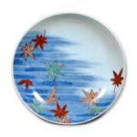 Dish with design of maple leaves afloat on water streanri,undergtaze blue. overglaze enamels