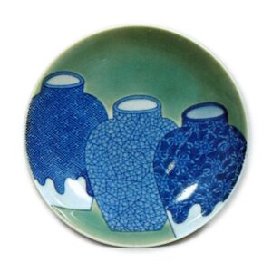 Dish with three pot design. blue and white. partial celadon glaze