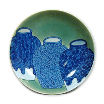 Dish with three pot design. blue and white. partial celadon glaze