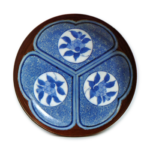 Dish with design of peonies in circles against katabami (wood･sorrel) plant, blue and white. partial brown glaze