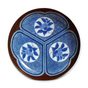 Dish with design of peonies in circles against katabami (wood･sorrel) plant, blue and white. partial brown glaze