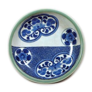 Dish with karahana flower design,  blue and white,partial celadon glaze