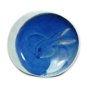 Dish with moon and hare design. blue and white