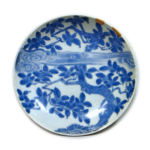 Dish with mokusei (fragrant olive) tree design, blue and white