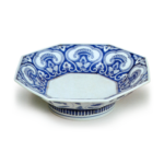 Dish with floral scroll design, blue and white