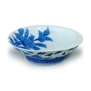 Dish with peony design, blue and white