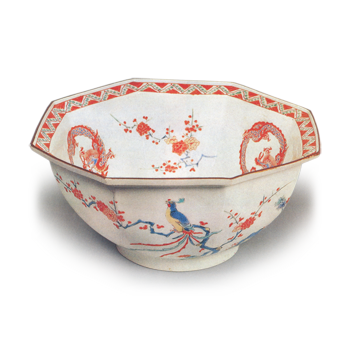 Bowl with flower-and-bird, and rounded dragon design, enamelled ware