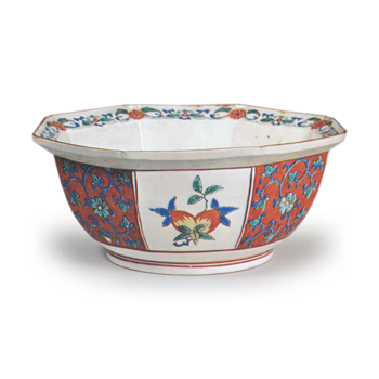 Bowl with peach design, enamelled ware