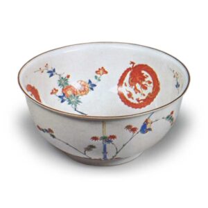 Bowl with flower-and-bird and rounded dragon design, enamelled ware