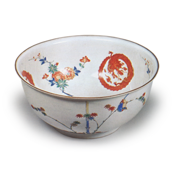 Bowl with flower-and-bird and rounded dragon design, enamelled ware
