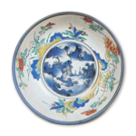 Bowl with landscape and peony design, enamelled ware