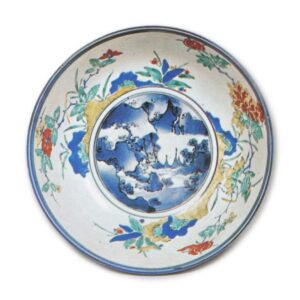 Bowl with landscape and peony design, enamelled ware