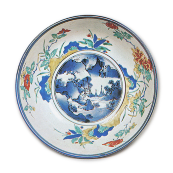 Bowl with landscape and peony design, enamelled ware