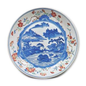 Dish with landscape design, enamelled ware