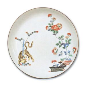 Dish with peony, bamboo and tiger design, enamelled ware