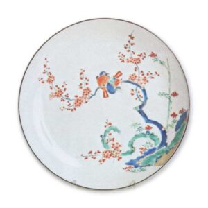 Dish with plum, bamboo and paired birds design, enamelled ware