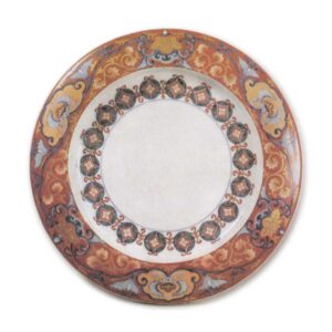 Dish with floral scroll and shippō design, enamelled ware Mark of 1699