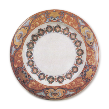 Dish with floral scroll and shippō design, enamelled ware Mark of 1699