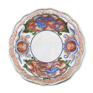 Dish with dragon, phoenix and karahana flower design, enamelled ware Mark of 1699