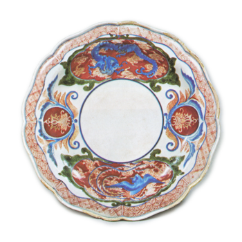 Dish with dragon, phoenix and karahana flower design, enamelled ware Mark of 1699